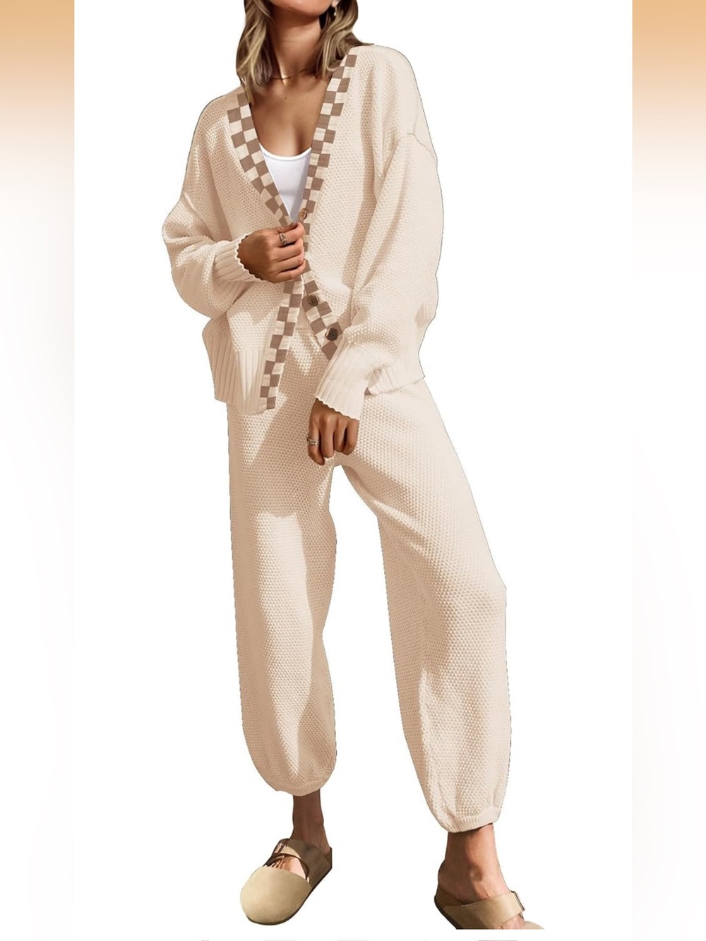 SAUKOLE Womens 2 PC Knit Lounge Set Oversized Cardigan & Pants Cream Beige Small